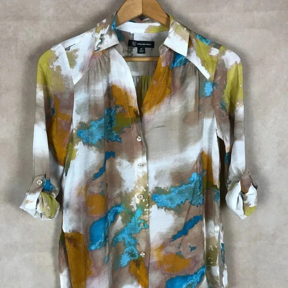 INC Roll-Tab Sleeve Smudge Print Button-Down Shirt NEW PETITE - Picture 3 of 7